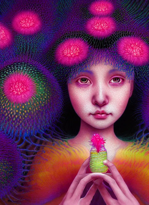 Image similar to hyper detailed 3d render like a Oil painting - kawaii portrait Aurora (black haired Fae) seen Eating of the Strangling network of yellowcake aerochrome and milky Fruit and Her delicate Hands hold of gossamer polyp blossoms bring iridescent fungal flowers whose spores black the foolish stars by Jacek Yerka, Mariusz Lewandowski, Houdini algorithmic generative render, Abstract brush strokes, Masterpiece, Edward Hopper and James Gilleard, Zdzislaw Beksinski, Mark Ryden, Wolfgang Lettl, hints of Yayoi Kasuma, octane render, 8k