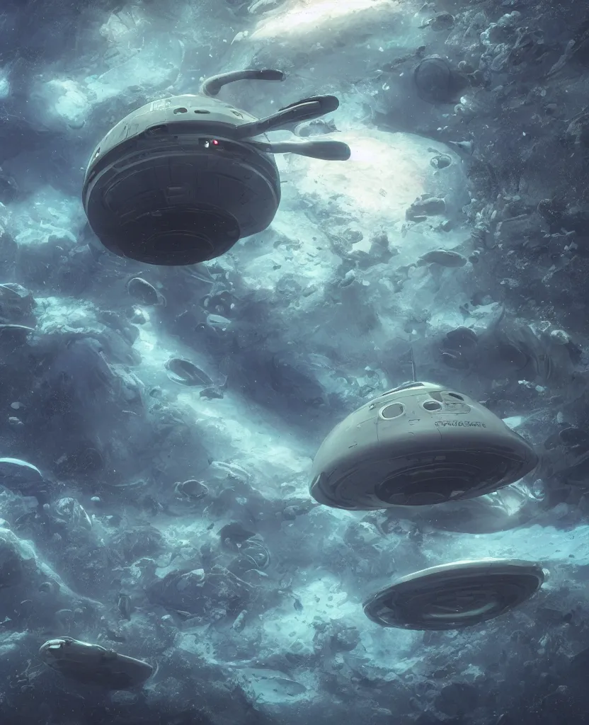 Image similar to white disc - shaped spacecraft submarine, fusion of subnautica and star trek, flying through a spectacular exotic underwater coral canyon, kelp forest, schools of fish, in the style of john eaves ron walotsky ralph mcquarrie, soft natural volumetric lighting, realistic 4 k unreal engine 5 beautifully detailed render, 4 k post processing, trending on artstation