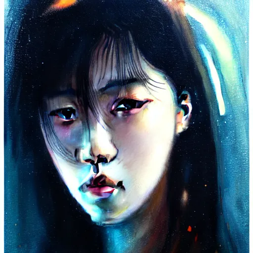 Image similar to jisoo of blackpink, hyperrealistic portrait, bladerunner street, by karol bak and agnes cecile, fantasy art, photo realistic, dynamic lighting, artstation, poster, volumetric lighting, very detailed face, intricate complexity, rule of thirds, 8 k, award winning, trending