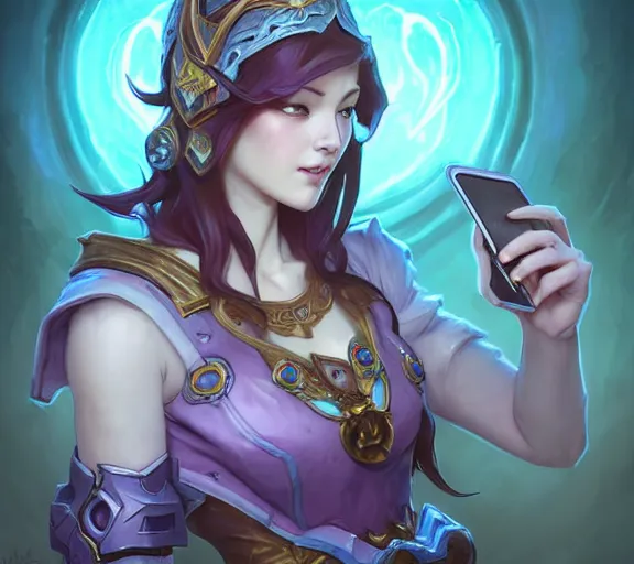 Image similar to bored woman checking her phone phone, fantasy, whimsical, horror, dungeons and dragons, league of legends splash art, heroes of the storm splash art, hearthstone splash art, world of warcraft splash art, overwatch splash art, art by artgerm, art by alphonse mucha, intricately detailed, highly detailed, trending on artstation, 4 k, wallpaper