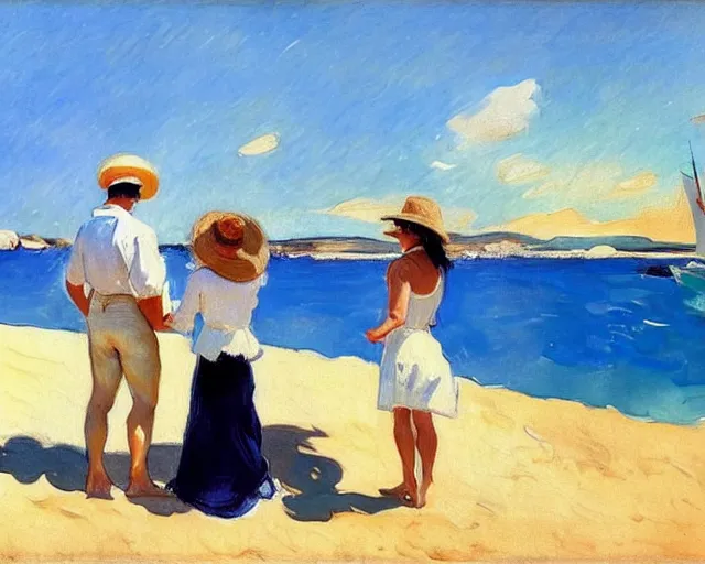 Image similar to a couple and a girl toddler on a beach in sardinia looking at a sailing boat, the man is wearing a panama hat, the woman has long dark hair, white sand, blue sky, summer, white and blue, painting by joaquin sorolla