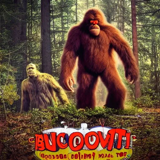 Prompt: bigfoot hunting a group of clowns that are in a circus