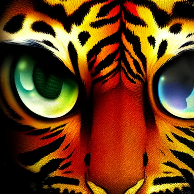 Prompt: macro shot of eye of the tiger, centered eye, symmetry, colorful, sharp and focus, ultra detailed, beautifully lit, in the art style of marc simonetti