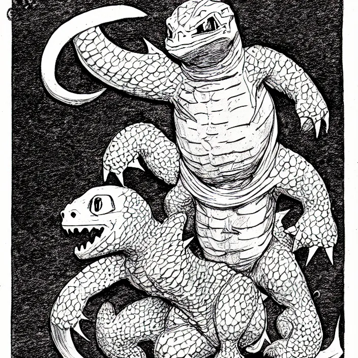 Image similar to charmander as a d & d monster, full body, pen - and - ink illustration, etching, by russ nicholson, david a trampier, larry elmore, 1 9 8 1, hq scan, intricate details, inside stylized border