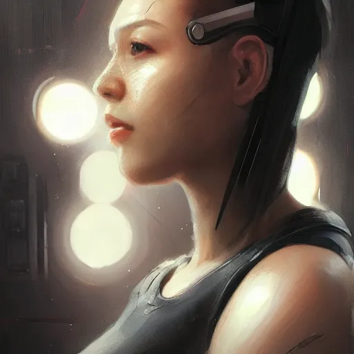 Image similar to portrait of a female cyborg by greg rutkowski, she is about 3 0 years old, korean, pale, white bob hair, she is wearing a black tank top, highly detailed portrait, digital painting, artstation, concept art, smooth, sharp foccus ilustration, artstation hq