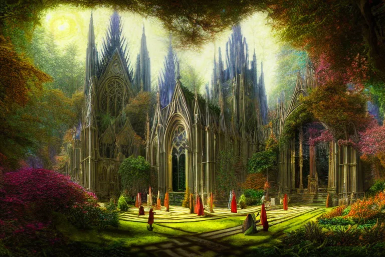 Image similar to a beautiful and highly detailed digital painting of an elven cathedral in a beautiful garden in a mystical forest, psychedelic colors, intricate details, epic scale, insanely complex, hyperdetailed, artstation, cgsociety, 8 k, sharp focus, hyperrealism, by caspar friedrich, albert bierstadt, james gurney, brian froud,