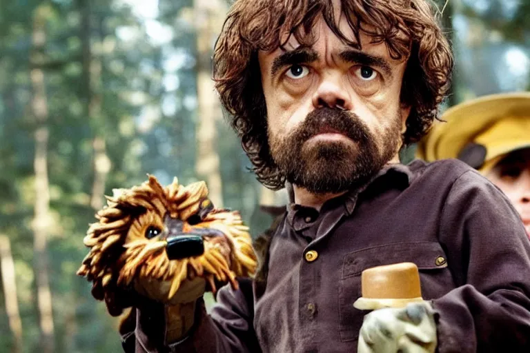 Image similar to peter dinklage holding a flare fighting smokey the bear, movie still, from the new sleepaway camp movie, 8 k, realistic