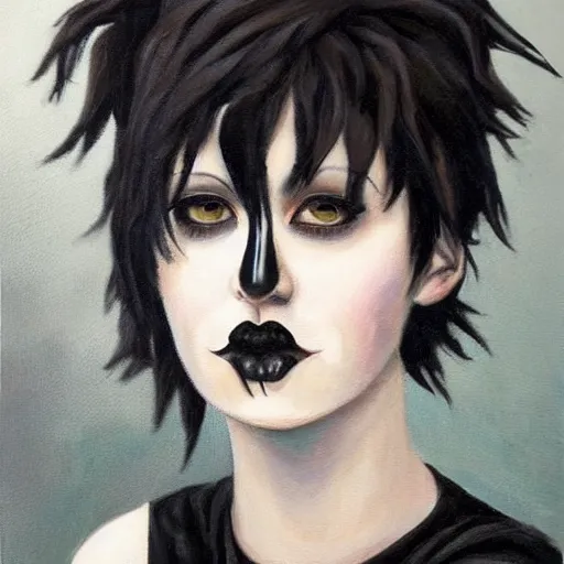 Prompt: an hd goth emo punk portrait painted by evelyn cheston. her hair is dark brown and cut into a short, messy pixie cut. she has a slightly rounded face, with a pointed chin, large entirely - black eyes, and a small nose. she is wearing a black tank top, a black leather jacket, a black knee - length skirt, and a black choker.