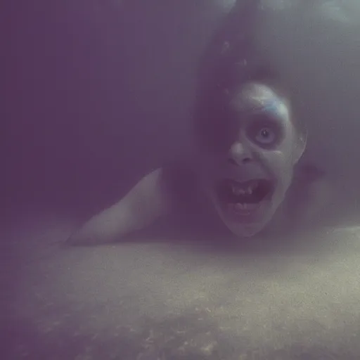 Prompt: sea monster, pov underwater, visceral, unholy abomination, pale skin, dark yellowish water, foggy water, misty, dark, dramatic,'silent hill ', big eyes, terrifying, horrific, cinematic