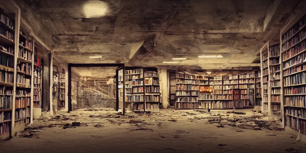 Image similar to eerie abandoned bookstore in the mall at night, scattered books, dramatic lighting, award - winning anime digital art