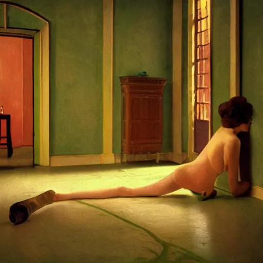 Image similar to a beautiful shiny girl in an soviet golden liminal abandoned room, film still by wes anderson, depicted by balthus, limited color palette, very intricate, art nouveau, highly detailed, lights by hopper, soft pastel colors