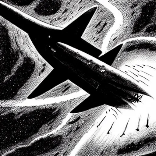 Prompt: a black and white les edwards sci - fi style spaceship, ink drawing, smooth, sharp focus, vibrant volumetric natural light.