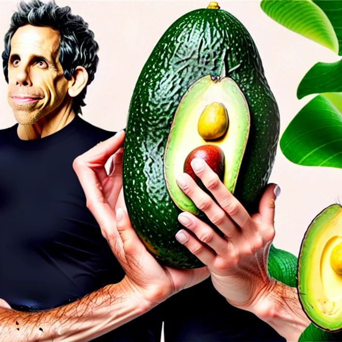 Prompt: ultra realistic illustration of ben stiller in the lotus position balancing stack of avocado on his head