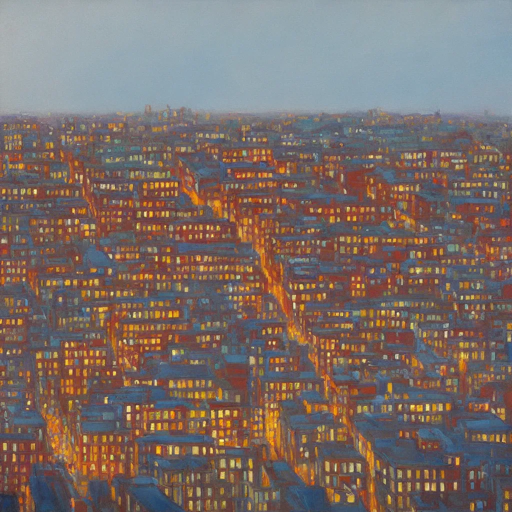 Image similar to rainy Brighton roof tops looking west, evening light, painted by Wayne Thiebaud