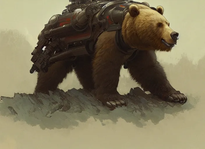 Image similar to a giant bear with a giant proton cannon in his back, elegant, technology, highly detailed, digital painting, artstation, concept art, smooth, sharp focus, illustration, art by krenz cushart and artem demura and alphonse mucha