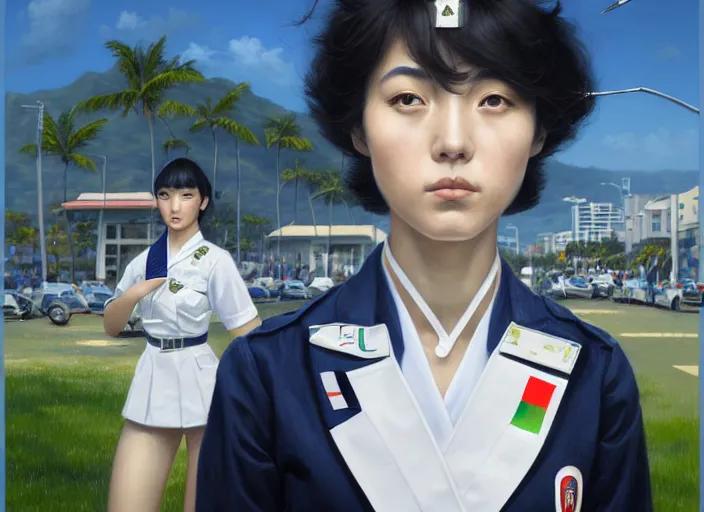 Prompt: portrait of an Italian Japanese young woman school with short hair wearing a navy and white sepuku uniform and jumping outside a green trashbin in Kalakaua avenue in Waikiki, intricate, elegant, highly detailed, centered, digital painting, artstation, concept art, smooth, sharp focus, illustration, by Peter Mohrbacher, WLOP