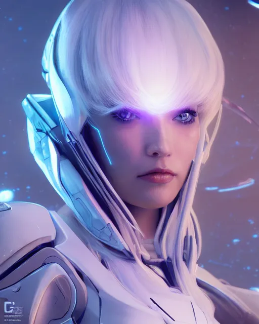 Image similar to perfect android girl on a mothership, warframe armor, beautiful face, scifi, futuristic, galaxy, nebula, raytracing, dreamy, long white hair, blue cyborg eyes, sharp focus, cinematic lighting, highly detailed, artstation, divine, by gauthier leblanc, kazuya takahashi, huifeng huang