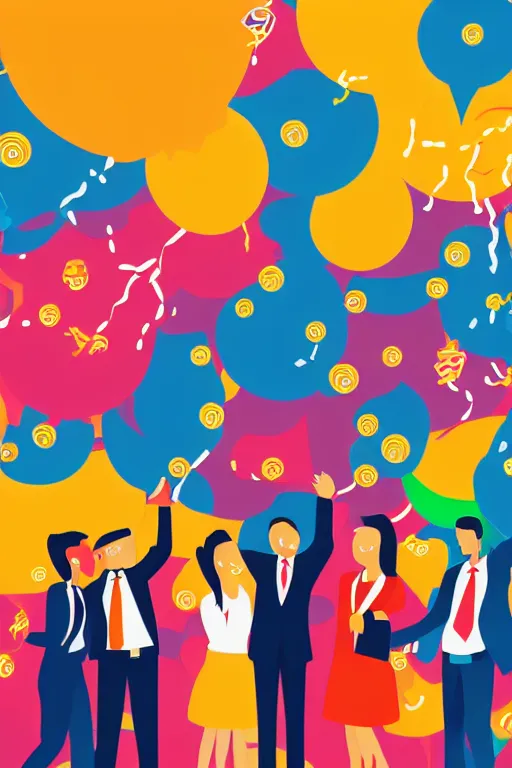 Image similar to corporate Vector illustration of business people jubilant at winning a prize, colourful, high detail, broadband, streamers, fireworks