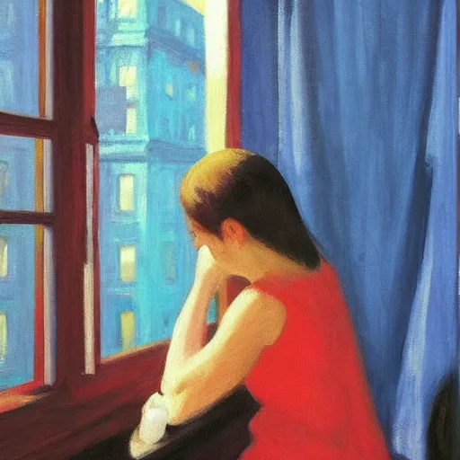 Prompt: “ a girl holding a cup of coffee looking out a window overlooking the east village in new york city, morning light, by edward hopper ”