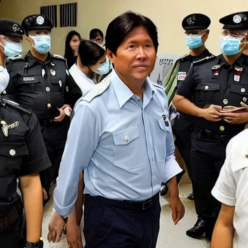 Prompt: bongbong marcos in jail wearing prison fatigues