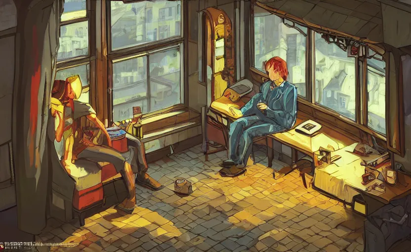 Image similar to Pulp-novel Character sitting and relaxing in front of their work desk in their cozy room as a peaceful rainy city scene is seen through the room's window. Smooth Highly detailed masterpiece pixel-art. in the style of Close Highly detailed masterpiece professional artistry Sega, Namco, Neogeo, Capcom artist's Pixel-art. Trending on artstation. Slice-of-life genre art. Balanced colors and lighting scheme by James Gurney and artgerm. In the style of a 'Music to chill/study' to youtube video.