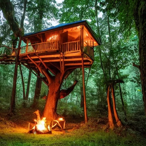 Prompt: treehouse covered in vines with a natural wooden staircase in the tree in an epic forest with a campfire at the base