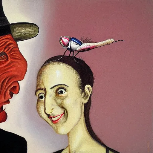 Prompt: a man with a fly head speak to a woman, happy, painted by reg mombassa, color, ultra detailed, realistic, 8k