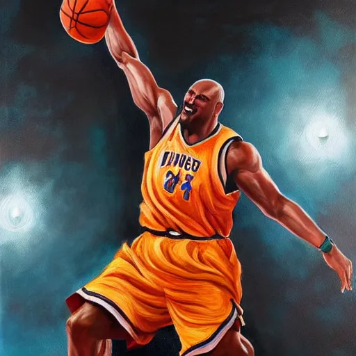 Image similar to an oil painting of a tiger dunking a basketball over Shaq Trending on Artstation, featured on Behance, well-rendered, fine detail, extra crisp image, Unreal Engine, 4K HD