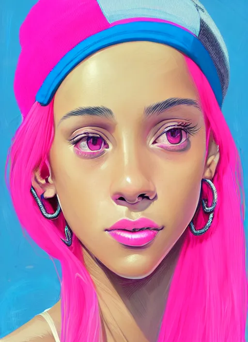 Image similar to portrait of teenage vanessa morgan with bright pink hair, black girl, curly pixie cut hair, wearing newsboy cap, pink short haircut, newsboy cap, hoop earrings, blue eyes, intricate, elegant, glowing lights, highly detailed, digital painting, artstation, concept art, smooth, sharp focus, illustration, art by wlop, mars ravelo and greg rutkowski