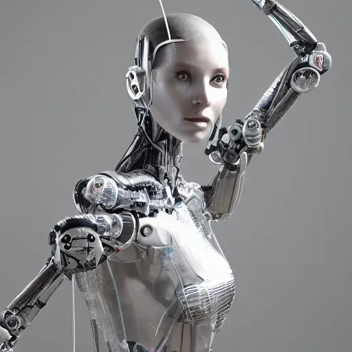 Prompt: photographic stil of beautiful model, a human robot woman, beautiful artificial body with artificial bones and artificial flesh, cables, tubes, robots making robots using robots, westworld style, medium - shot, insanely detailed, photorealistic, beautiful soft light, octane render, by annie leibowtiz