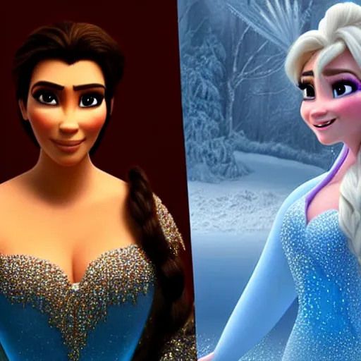 Image similar to kim kardashian as elsa in live action disney frozen, 8k resolution, full HD, cinematic lighting, award winning, anatomically correct