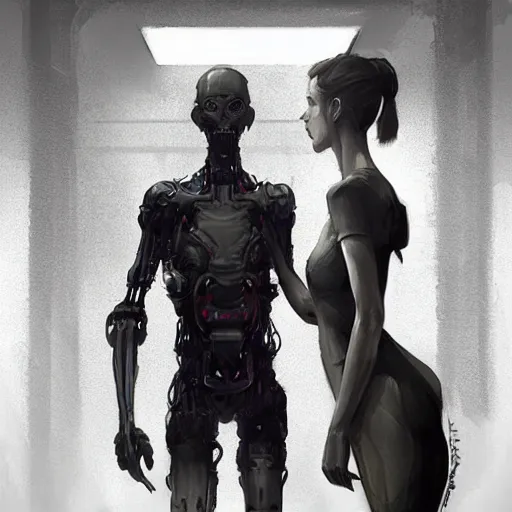 Image similar to concept art by greg rutkowski, a very tall and slender cyborg, talking to a short woman dressed in a utilitarian black and white jumpsuit, high tech and futuristic white walled environment, unnatural lighting, uncanny atmosphere, frightening and creepy atmosphere, scifi, highly detailed portrait, digital painting, artstation, concept art, smooth, sharp foccus ilustration, artstation hq