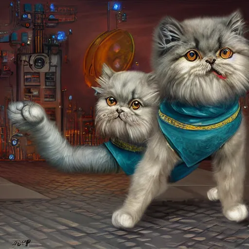 Prompt: two dancing persian cats in a robot city, highly detailed, digital painting, sharp focus, fantasy art