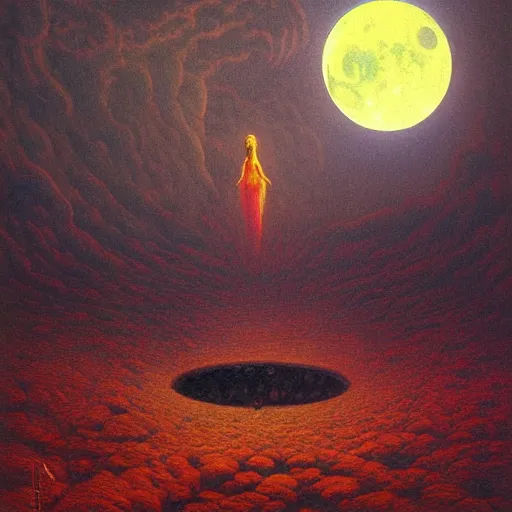 Image similar to the moon on fire by lisa frank inspired by zdzislaw beksinski, highly detailed background