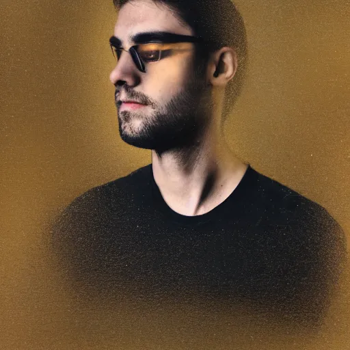 Prompt: A double exposure of a 4x5 styled portrait of a man coupled with an abstract oil-on-canvas painting, bokeh, shallow depth of field, dreamy, fog