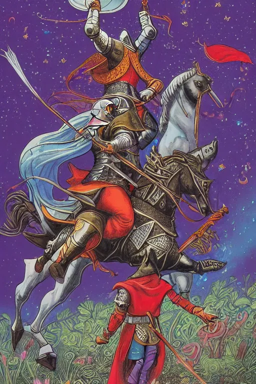 Image similar to medieval knight riding a horse in a magic kingdom pointing into the sky, shiny armor, colorful forest with flying faires, wizards and magic mushrooms in the background, illustrated by james jean, very detailed, comicbook cover