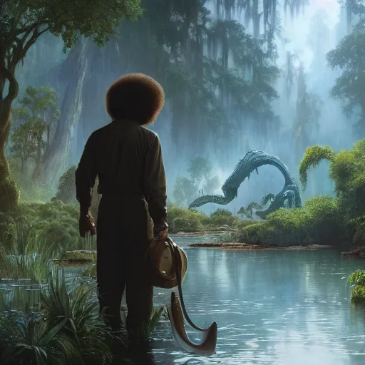 Image similar to an ultra detailed matte painting bob ross being friends with alligator loki, fantasy concept art by alphonse mucha and greg rutkowski, octane render, 8 k, detailed face