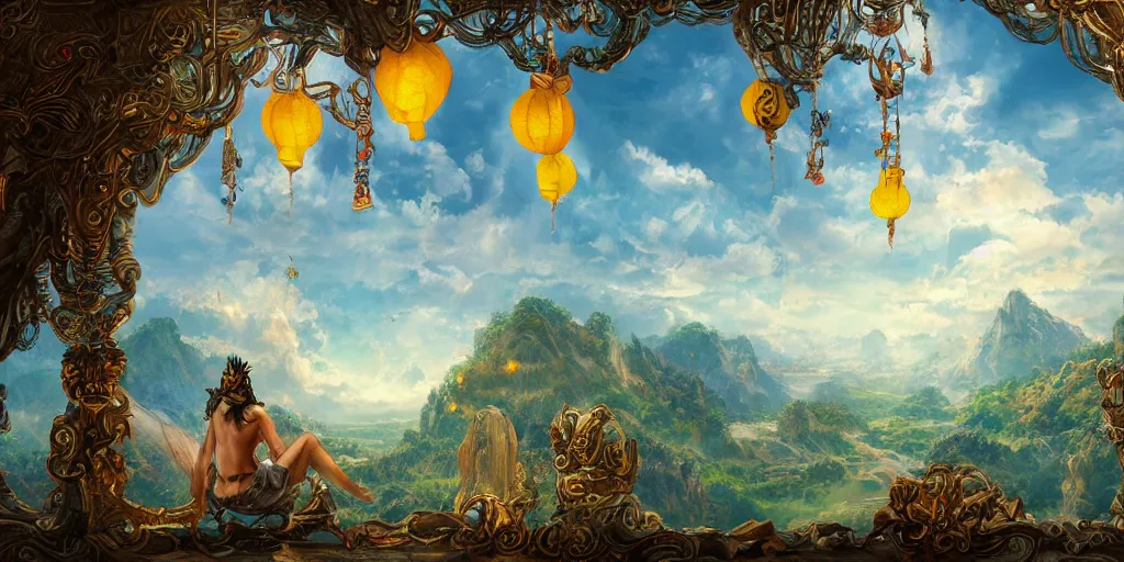 Image similar to painting of wind god enjoying the view from his ornate stone heavenly palace, decorated with windchimes and paper lanterns, nature and clouds in background, digital art, trending on artstation