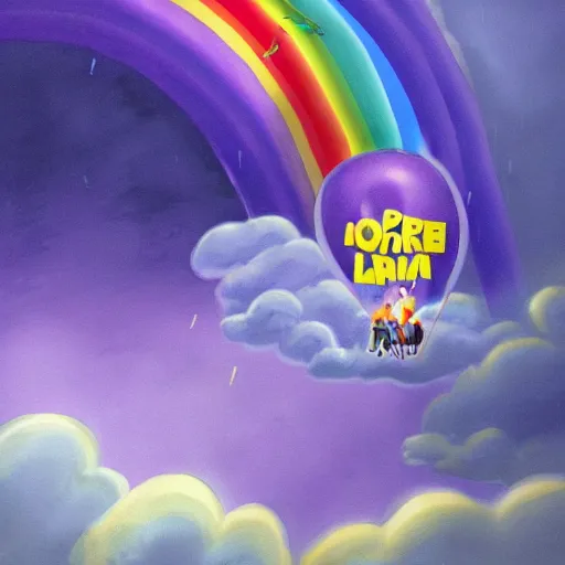 Image similar to crippled old man in a purple wheelchair at the edge of a cliff frowns as his rainbow - striped birthday balloon floats out of his reach into a sky full of storm clouds, pixar concept art, texture, highly detailed
