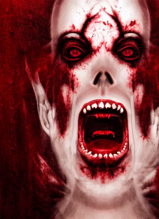 Image similar to dramatic dark red matte portrait painting of screaming insane woman with black mandelbrot fractal instead of face, horror, body horror, dark art, 4 k, detailed, realistic, psychotic, insane, crazy, mental illness, dramatic,