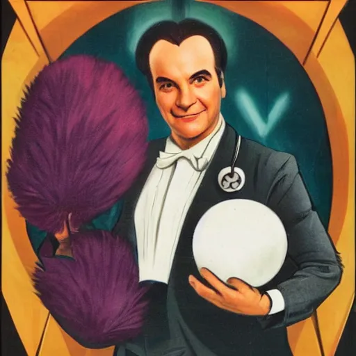 Image similar to Art deco portrait of Doctor Phlox affectionately holding a tribble in his hand