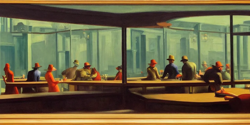 Image similar to painting, view from inside edward hopper's painting nighthawks, of a group of werebears robbing a bank, foggy