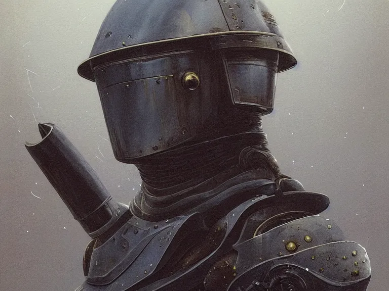 Prompt: a detailed profile painting of a bounty hunter in polished armour and visor. Fencing mask. cinematic sci-fi poster. Cloth and metal. Welding, fire, flames, samurai Flight suit, accurate anatomy portrait symmetrical and science fiction theme with lightning, aurora lighting clouds and stars. Clean and minimal design by beksinski carl spitzweg giger and tuomas korpi. baroque elements. baroque element. intricate artwork by caravaggio. Oil painting. Trending on artstation. 8k