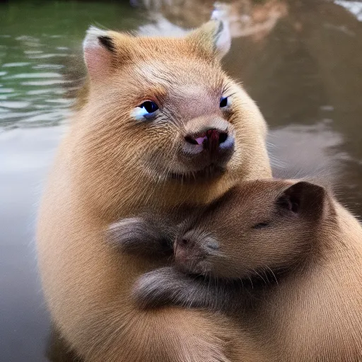 Prompt: Jordan B Peterson, Capybara, holding hands, smiling, friendship, love