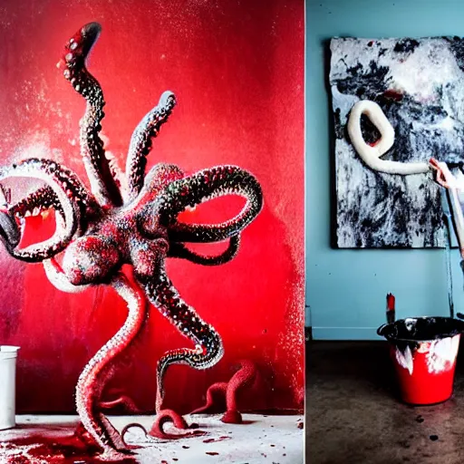 Image similar to a clean studio photography set, there is a bucket of red paint and it has just viciously exploded, there is paint EVERYWHERE, even on the giant octopus