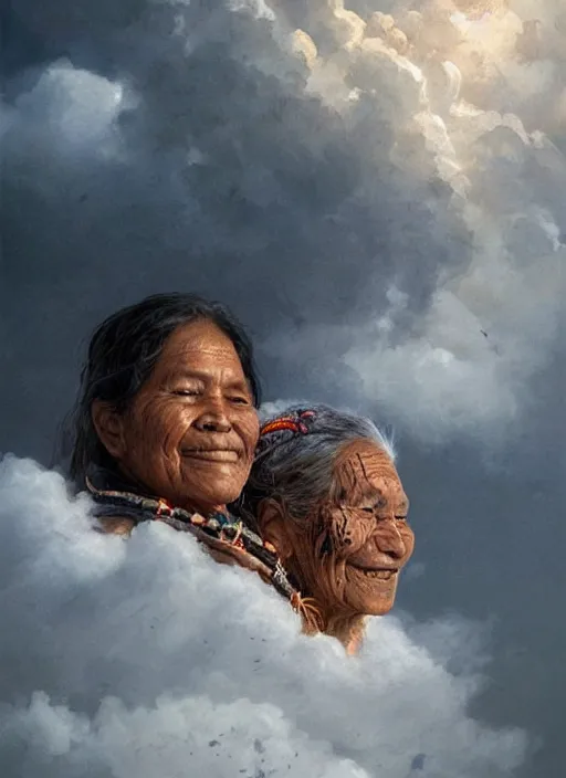 Image similar to portrait of an indigenous amazonian grandfather and grandmother in the clouds, smiling, protection, benevolence, ancestors, detailed faces, art by greg rutkowski