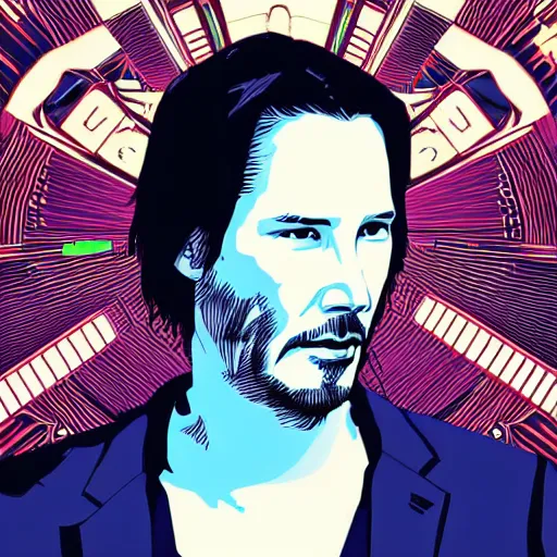 Image similar to Illustrated by Shepard Fairey and H.R. Geiger | Cyberpunk Keanu Reeves with VR helmet, surrounded by cables