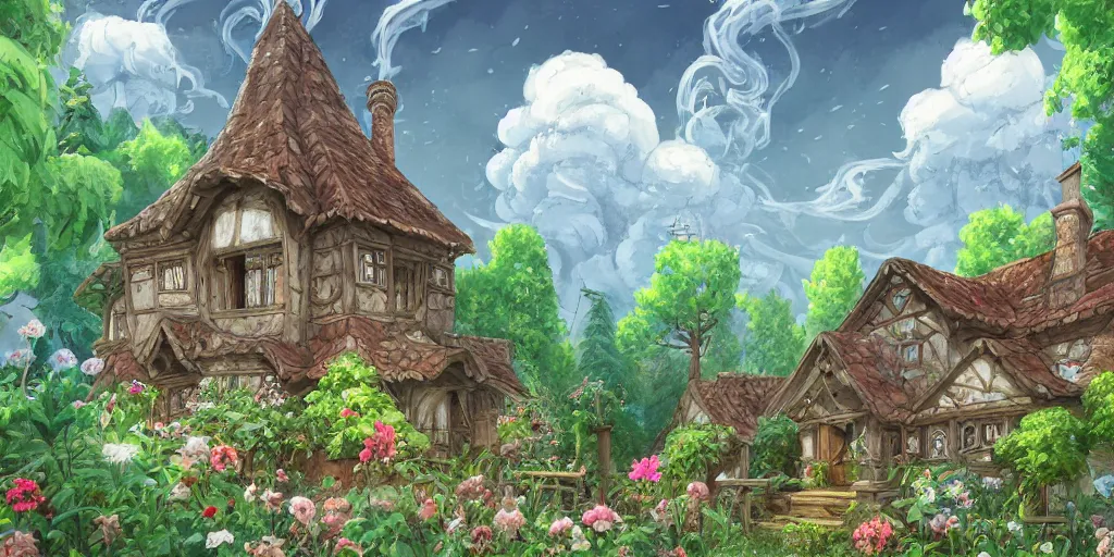 Prompt: Beautiful detailed high quality illustration of a very old Slavic house, beautiful garden on background, a lot of Slavic carvings and letters and decor elements, smoke from the chimney::vibrant summer, romantic mood, morning sunlight::art by Ghibli Studio, League of Legends, Arcane, Wild Rift, trending on artstation::8K, 4K