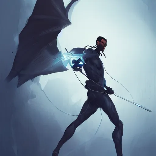 Prompt: a hero named rope man, his suit is black and blue and he has a bat like wing suit under it, mystic, concept art, artstation, greg rutkowski, reference sheet, rope is his weapon