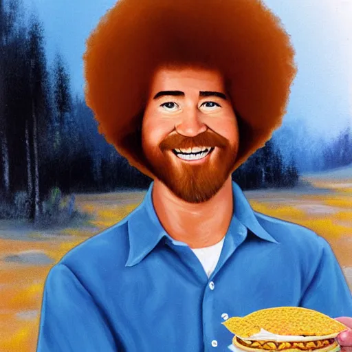 Image similar to bob ross eating a taco, portrait,